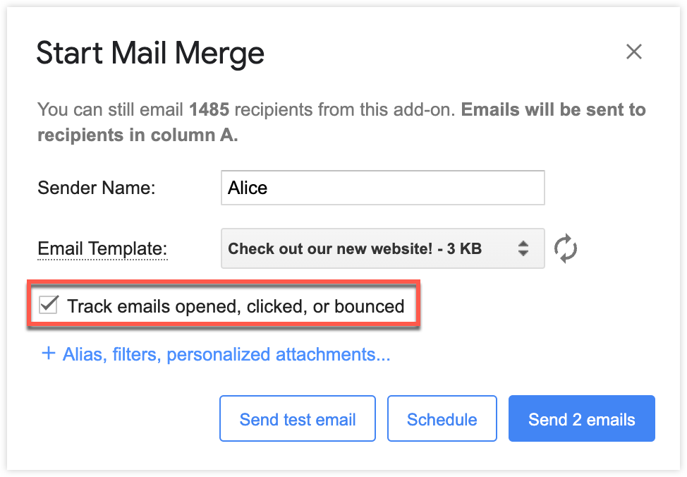 Track emails opened, clicked or bounced option enabled before sending