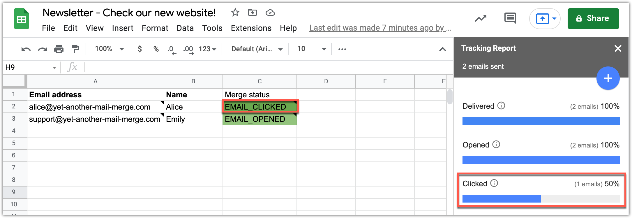 EMAIL_CLICKED status in the Merge status column