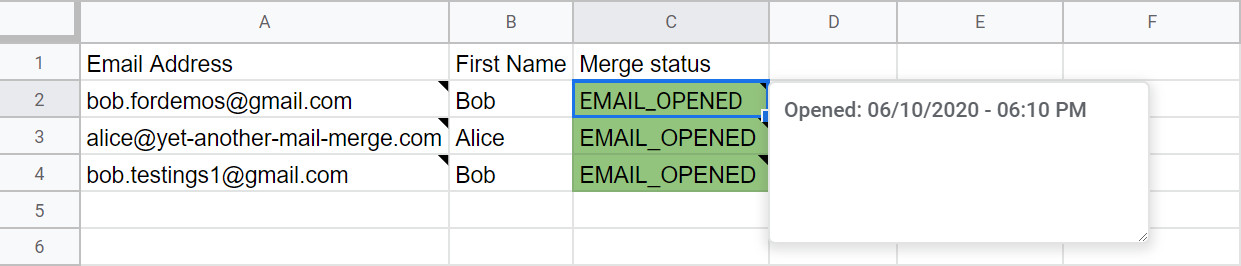 Tooltip on a merge status cell showing when the email was opened