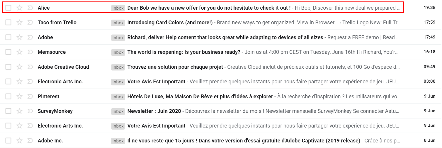 Subject line and opening lines of an email in a recipient inbox