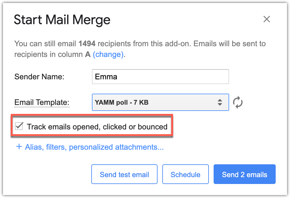 Track emails opened, clicked or bounced option in the Start Mail Merge window