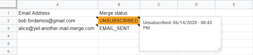 UNSUBSCRIBED status in the Merge status column, with the date tooltip