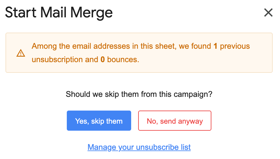 Warning that addresses in the sheet appear in the unsubscribe list