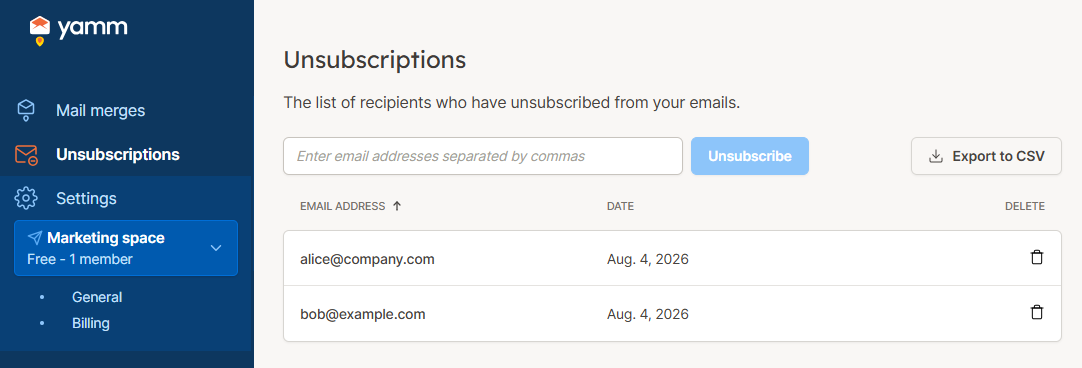 Unsubscriptions page of the YAMM web app