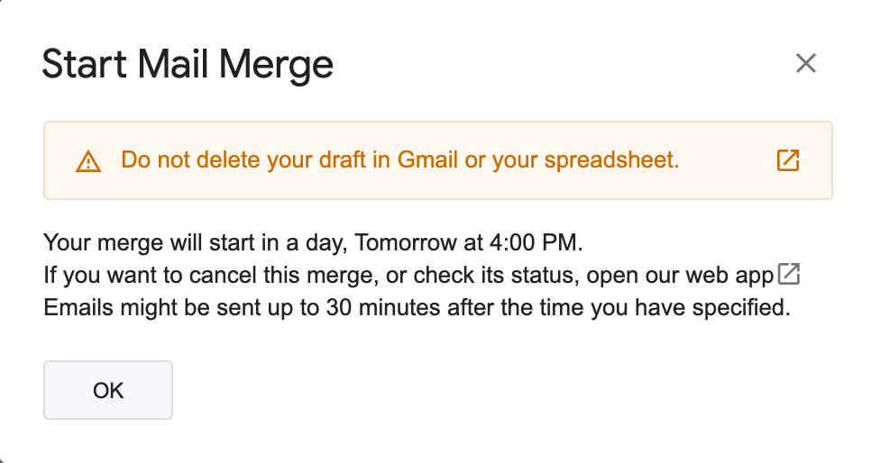 Scheduled mail merge that cannot be delivered because the draft is gone
