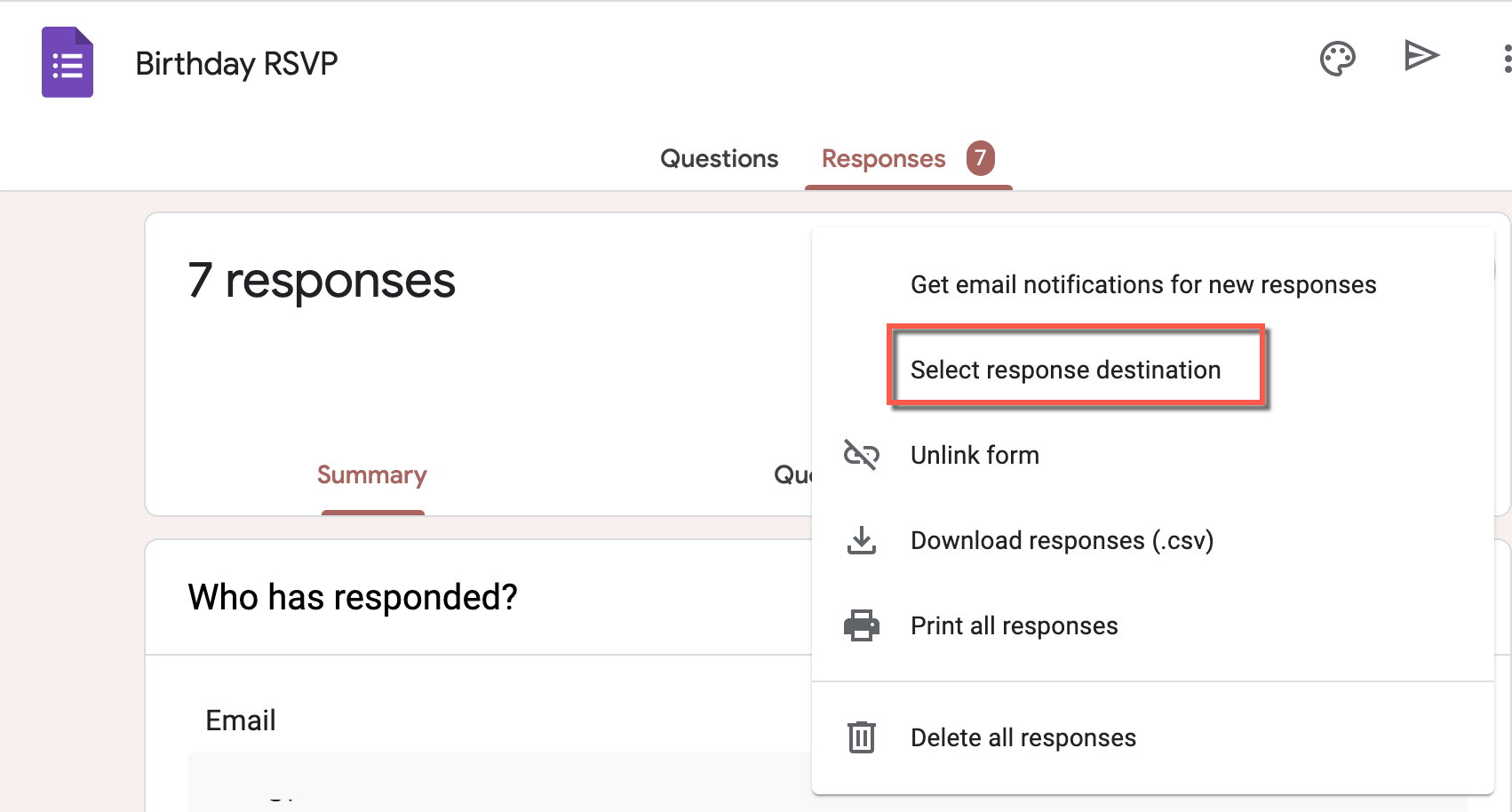 Link copied sheet select response destination