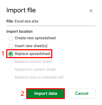 Excel data imported into a new Google spreadsheet with File and Import