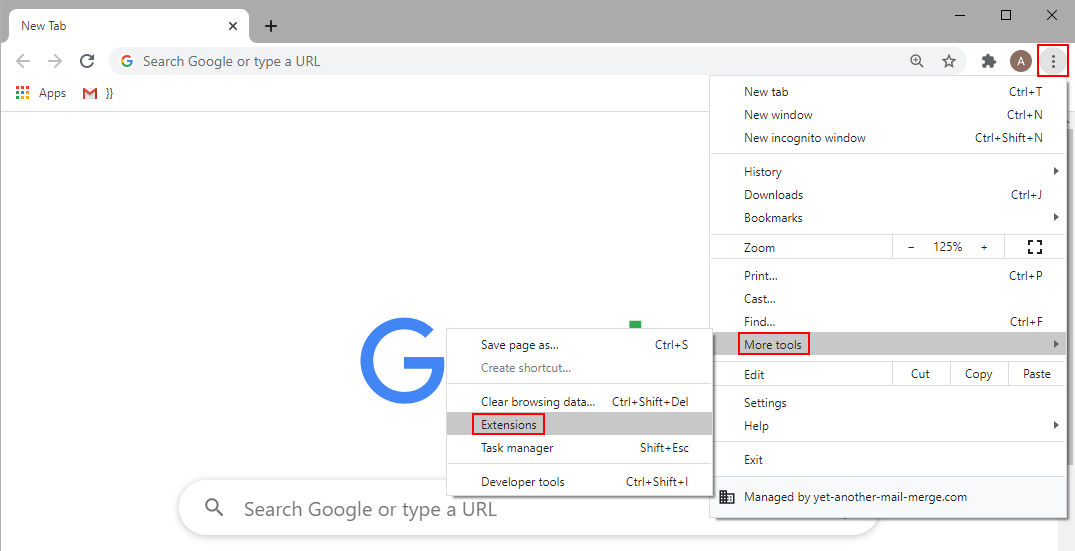 Extensions page opened from More Tools in the Chrome menu