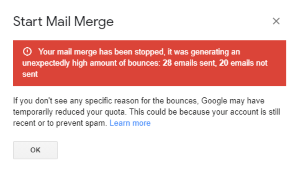 Message saying the mail merge was stopped because of too many bounces