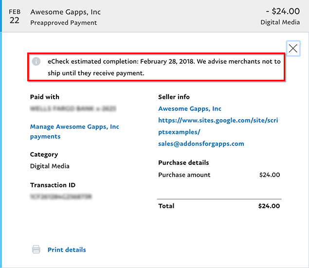 PayPal eCheck payment shown as pending review