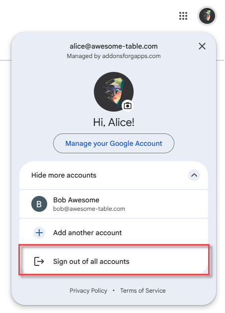 Sign out of all accounts in the Gmail account menu
