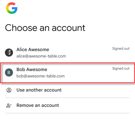 Choose an account page listing the available Google accounts