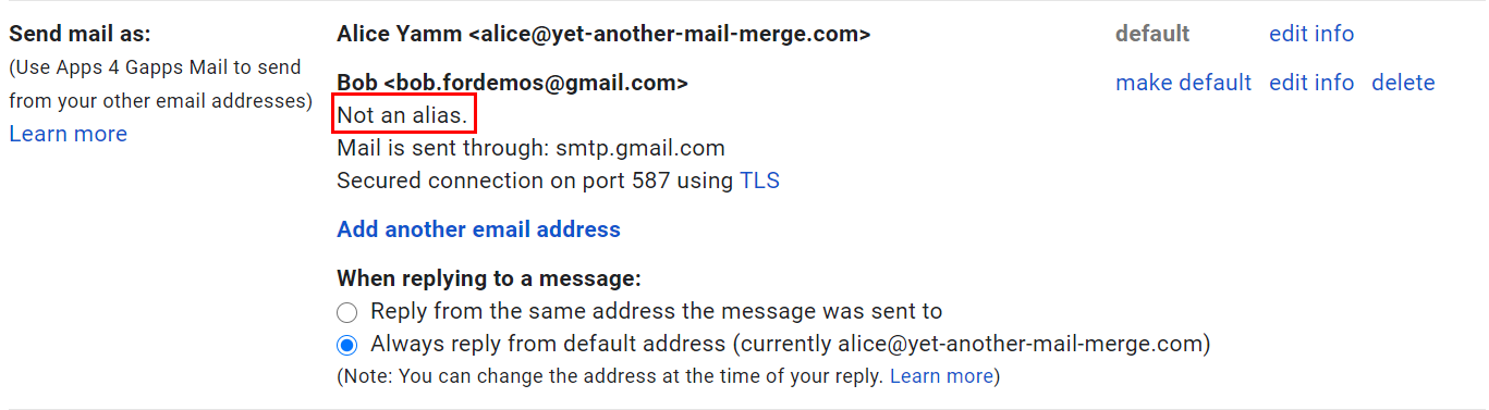 Gmail Accounts settings showing whether the address is treated as an alias