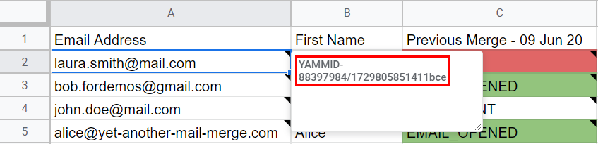 Spreadsheet with the YAMM IDs deleted