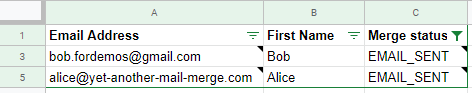 Spreadsheet after sending, with the rows marked 0 under Merge status missing