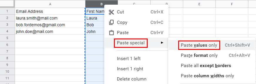 Paste values only option in the right-click menu