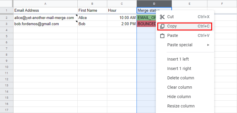 Merge status column header selected, with Copy in the right-click menu