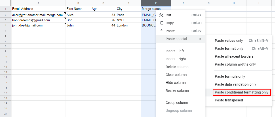 Paste conditional formatting only in the right-click menu