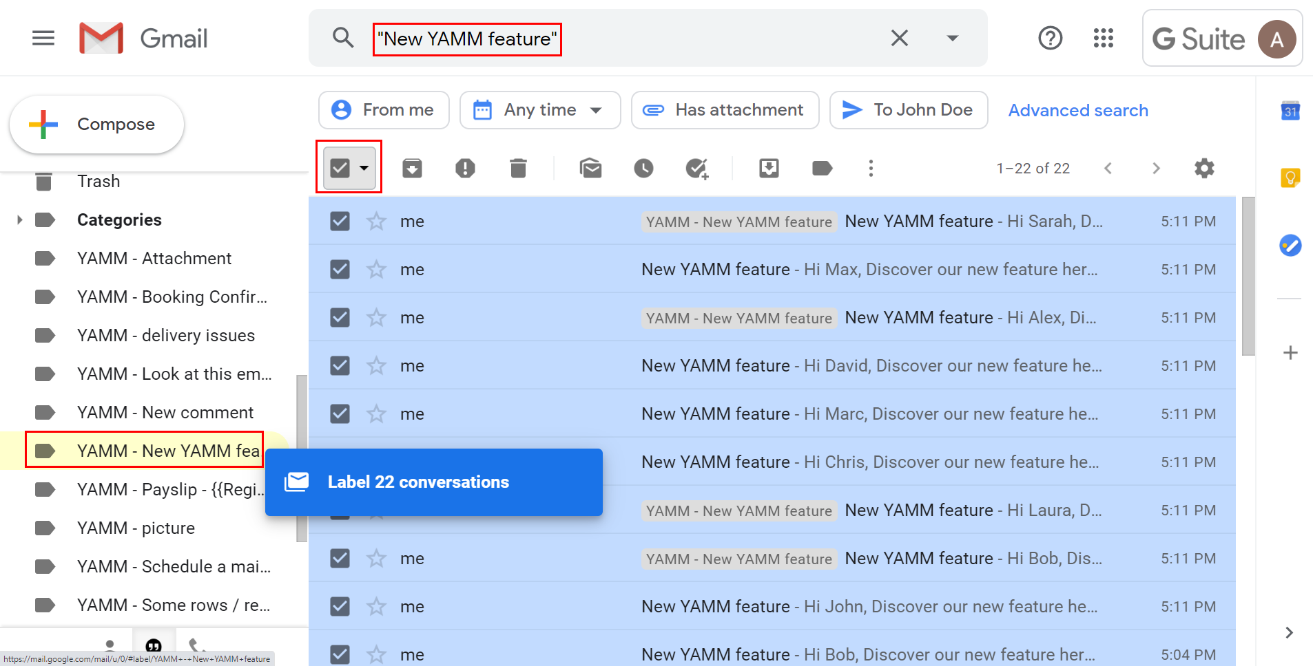 Unlabeled emails being dragged into the YAMM campaign label